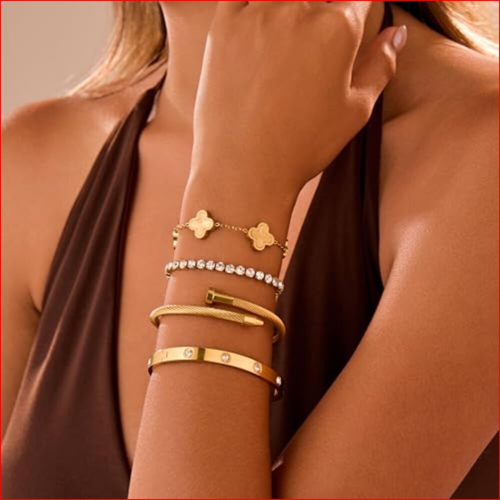 18k Gold Plated Stackable Bangle Bracelet Set, 4 … - image 2
